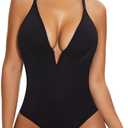 SHAPERIN Bodysuit for Women Shapewear Tummy Control Deep V Neck Plunge Sleeveless Backless Thong Body Suit Tank Top (Small, #50-black)