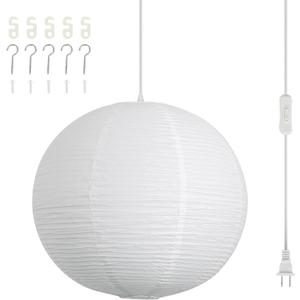Paper Lantern Lamp Plug in Hanging Lamp, 20in White Rice Paper Pendant Light with 19.7FT Cord Large Globe Japanese Japandi Wabi Sabi Chandelier for Dining Living Room Bedroom Office 1 Pack