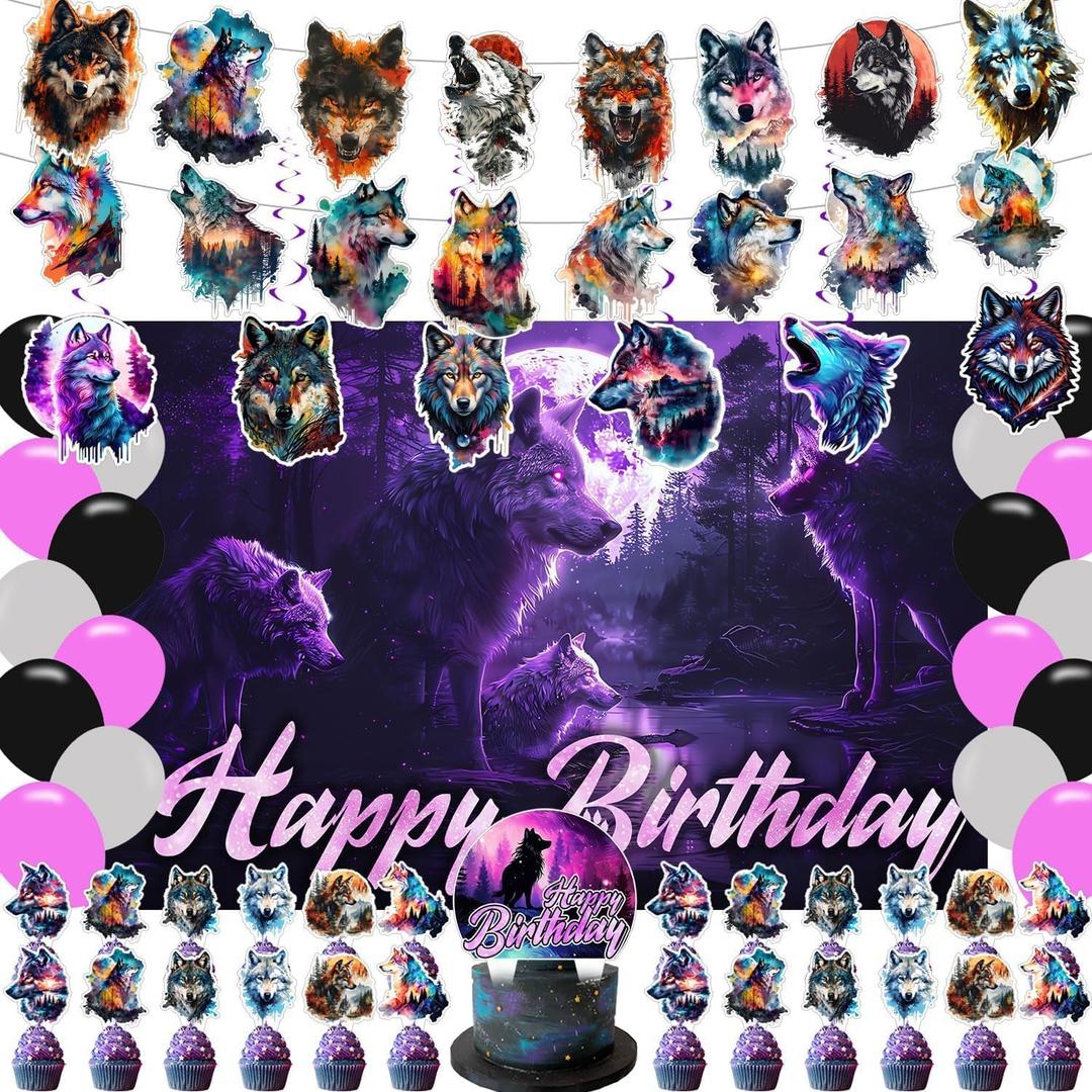 Wolf Birthday Decorations,Galaxy Wolf Party Decorations,Animal Birthday Party Supplies Include Backdrop Banner Balloon ,Cake Toppers,Swirls for Boys Girls Baby Shower