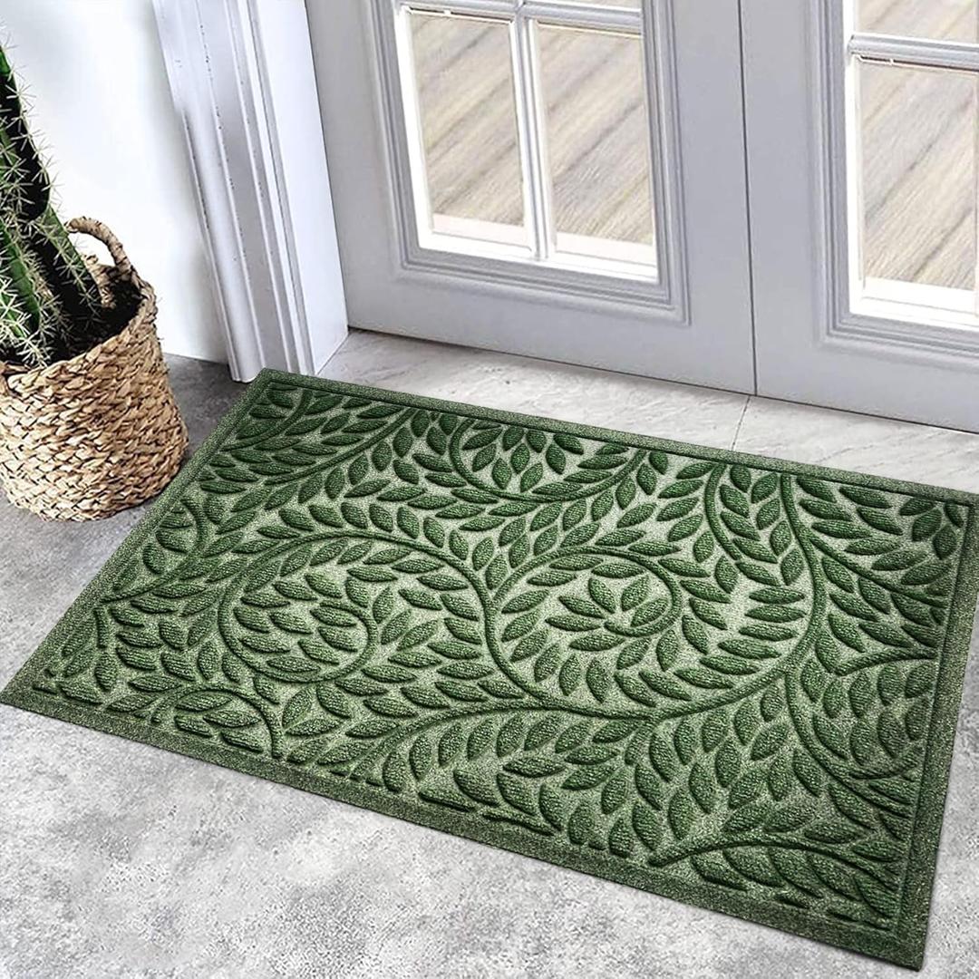 Bulijojo Front Door Mat Entrance,Durable Heavy Duty Welcome Mat,Thick Absorbent Natural Rubber Non Slip Mat,Sturdy Entryway Green 23"x35" (1'11" x 2'11" (Leaf))
