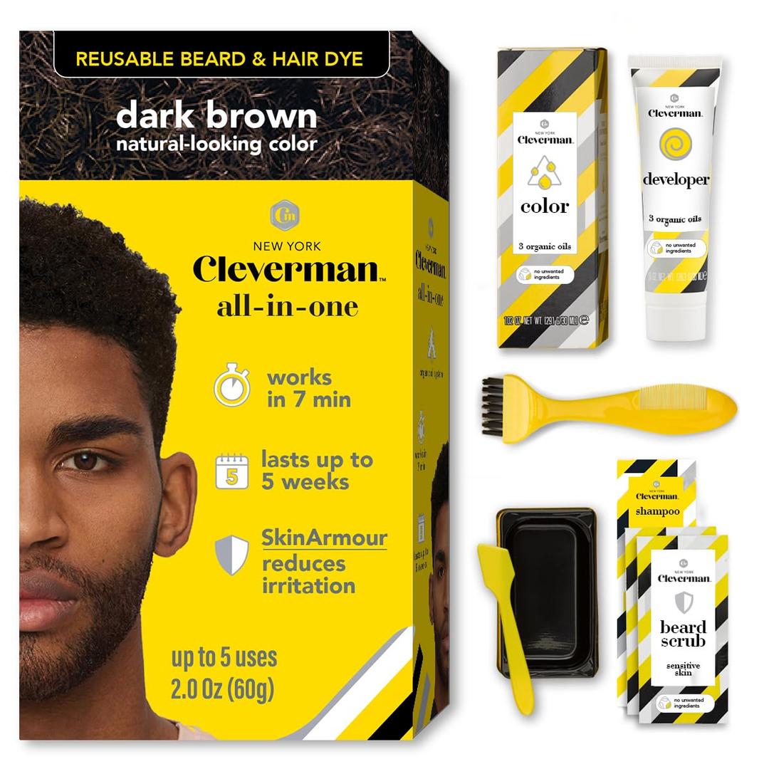 Cleverman Hair & Beard Dye Kit for Men, All-in-One Reusable Mens Hair Color, Natural Gray Coverage, Ammonia-Free Beard Mustache Dye for Men (Dark Brown for Black Men) (2 Ounce (Pack of 1))