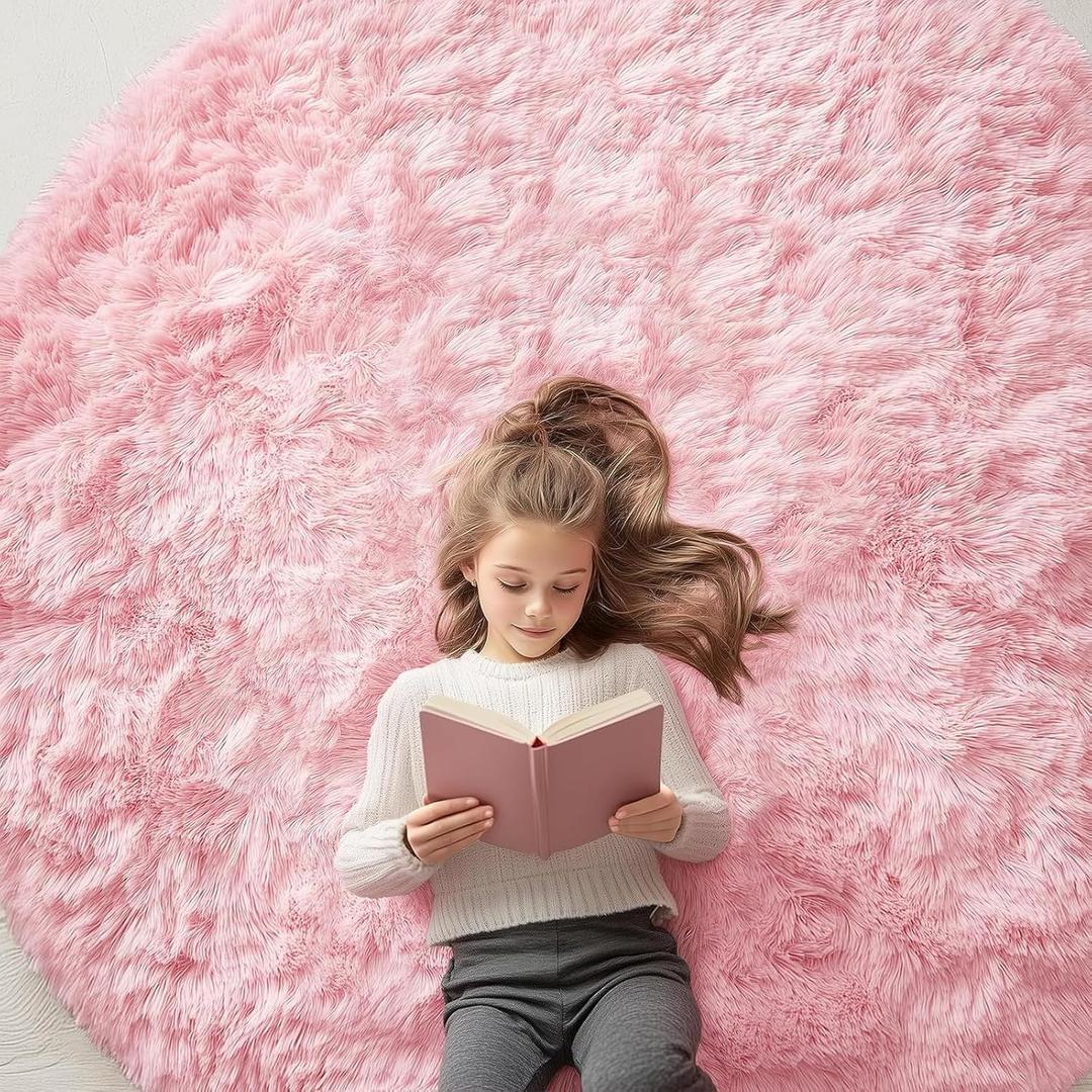 OLANLY Pink Round Rugs for Bedroom - Machine Washable, 6 ft Circle Area Rugs for Living Room, Soft and Fluffy Shaggy Carpet for Teen Girls and Boys, Nursery Rooms, Dorms, Home Decor Aesthetic