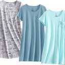 PNAEONG Pack of 3 Women's Cotton Nightgown Sleepwear Short Sleeves Shirt Casual Print Sleepdress (X-Large)