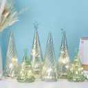 Set of 6 Illuminated Mercury Glass Christmas Tree Tabletop Tree Figurines with LED Lights Battery Operated Lighted Christmas Table Centerpieces for Indoor Fireplace Mantel Decorations(Modern)