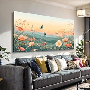 JLXART Large Canvas Wall Art Mountain Landscape with Flowers and Butterflies Living Room Decor Floral Nature Print Bedroom Office Wall Decor Framed Art 30 x 58 inches Ready to Hang