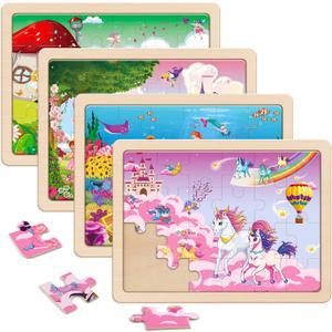 SYNARRY Large Unicorn Mermaid Princess Fairy Wooden Kids Puzzles 4 in 1 Gift Box(12.2 * 9.4 in) - FSC Certified, Wood Puzzles for Kids Ages 4-6, Toys Gifts for 3 4 5 Year Old Toddlers Girls