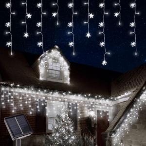 30.5FT Solar Christmas Icicle Lights for Outside, 8 Modes Snowflake & Star Eaves Christmas Decorations, Waterproof Outdoor Solar String Lights Decor for Gazebo, Patio (White)