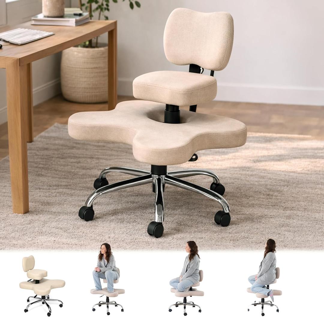 Cross Legged Office Chair with Wheels - Winter Linen, Meditation | Chair with Back Support, Adjustable Height Design, For Yoga or Criss-Cross Lounging, Ergonomic Kneeling Desk Seat