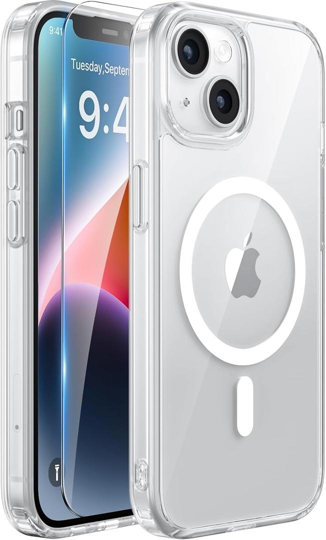 Miracase Magnetic for iPhone 14 Case with Screen Protector, Compatible with MagSafe Accessories [Not-Yellowing], Shockproof Slim Phone Case for iPhone 14, Clear Magnetic