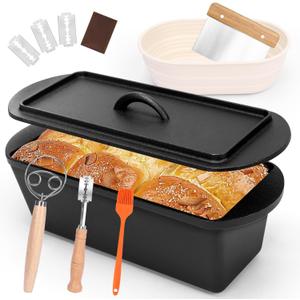 QuliMetal 145.5 Bread Loaf Pan, Oval Cast Iron Bread Pan With Lid,Sourdough Artisan Bread Baking Pan, Pre-Seasoned, 3.2QT, With Sourdough Starter Kit, Sourdough Artisan Bread Baking Pan