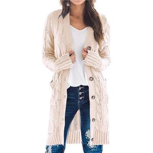PRETTYGARDEN Long Sleeve Cable Knit Long Cardigan for Women 2025 Fall Winter Chunky Open Front Button Sweaters with Pockets. Size:XXL, Color: Off-white