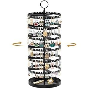 MODOWEY Rotating Earring Holder Organizer Display Tree with Metal Tray, Adjustable Plastic Stand with 342 Slots for Stud Hoop Hanger, Large Capacity Storage Rack for Women Space-Saving(6 Tier, Black)