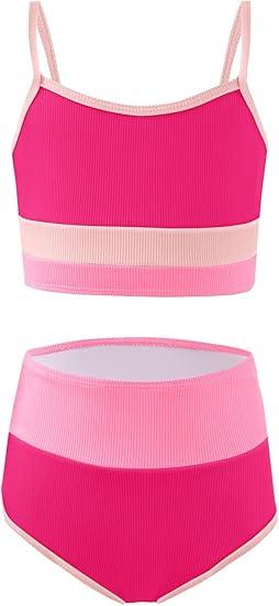 Haloumoning Girls Swimsuits Bikini Set Adjustable Straps Two Piece Color Block Girls' Swimwear with Chest Pad, 8-10 Years