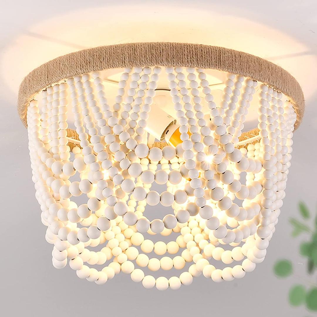 Capslpad Wood Beaded Flush Mount Ceiling Light Antique Rustic Mini Chandelier 3-Light White Boho Light Fixture for Dining Room, Nursery Room, Bedroom, Girl Room, Hallway, Entryway, Passway
