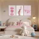 3Pcs Trendy Coquette Wall Art Pink Lips Bikini & Bow Heels Wall Decor Pictures Vintage Martini Newspapaer Canvas Posters Prints for Y2K Girly Room Dorm Apartment Preppy Aesthetic Decor 12x16in