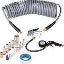 RayMagic 18 Pieces Air Compressor Accessories kit, 1/4 inch x 25 ft Recoil Poly Air Compressor Hose Kit, 1/4" NPT Quick Connect Air Fittings, 150 PSI Tire Inflator Gauge, Heavy Duty Blow Gun, Gray