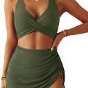 CiCiBird Women's High Waisted Bikini Set Tummy Control Mesh Swim Skirt Twist Front Two Piece Swimsuits (Army Green, XL)