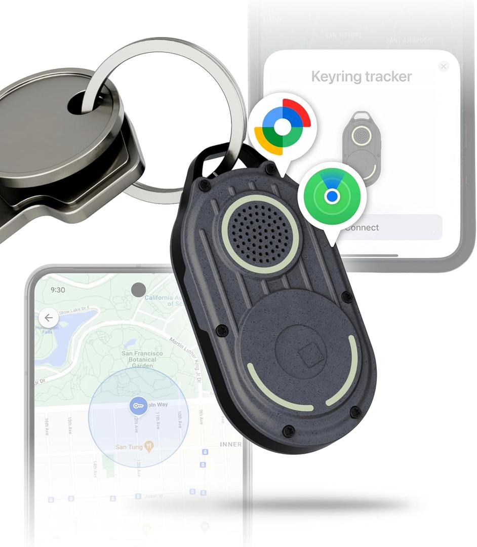 Rolling Square AirNotch Pro Dual - Bluetooth Tracker Keychain - Compatibile with Both Apple iOS Find My and Google Android Find Hub – Replaceable Batteries, Loud 360° Sound, Anti-Loss Locator, Gray