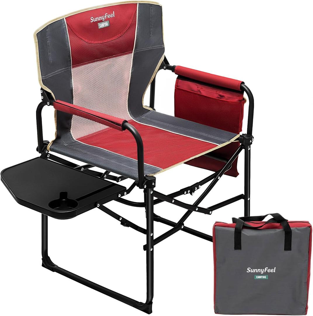SUNNYFEEL Oversized Camping Directors Chair, Portable Folding Lawn Chairs for Adults Heavy Duty with Side Table,Pocket for Beach, Fishing,Picnic,Concert,Tailgating, Outdoor Foldable Camp Chair (1 PC, Red)
