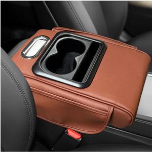 Car Center Console Armrest Pillow, Leather Car Armrest Cushion with Cup Holder & Phone Holder, Universal Armrest Storage Box Protector for Most Vehicles, Car Accessories (Brown, Normal)