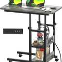 Height Adjustable C Shaped End Table with Charging Station, Mobile Laptop Side Table with USB Port and Wheels, Sofa Couch Table with 2-Tier Storage Shelve for Living Room Bedroom, Grey Oak