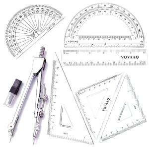 7 Piece Geometry School Set, with Quality Compass, Linear Ruler, Set Squares, Protractor