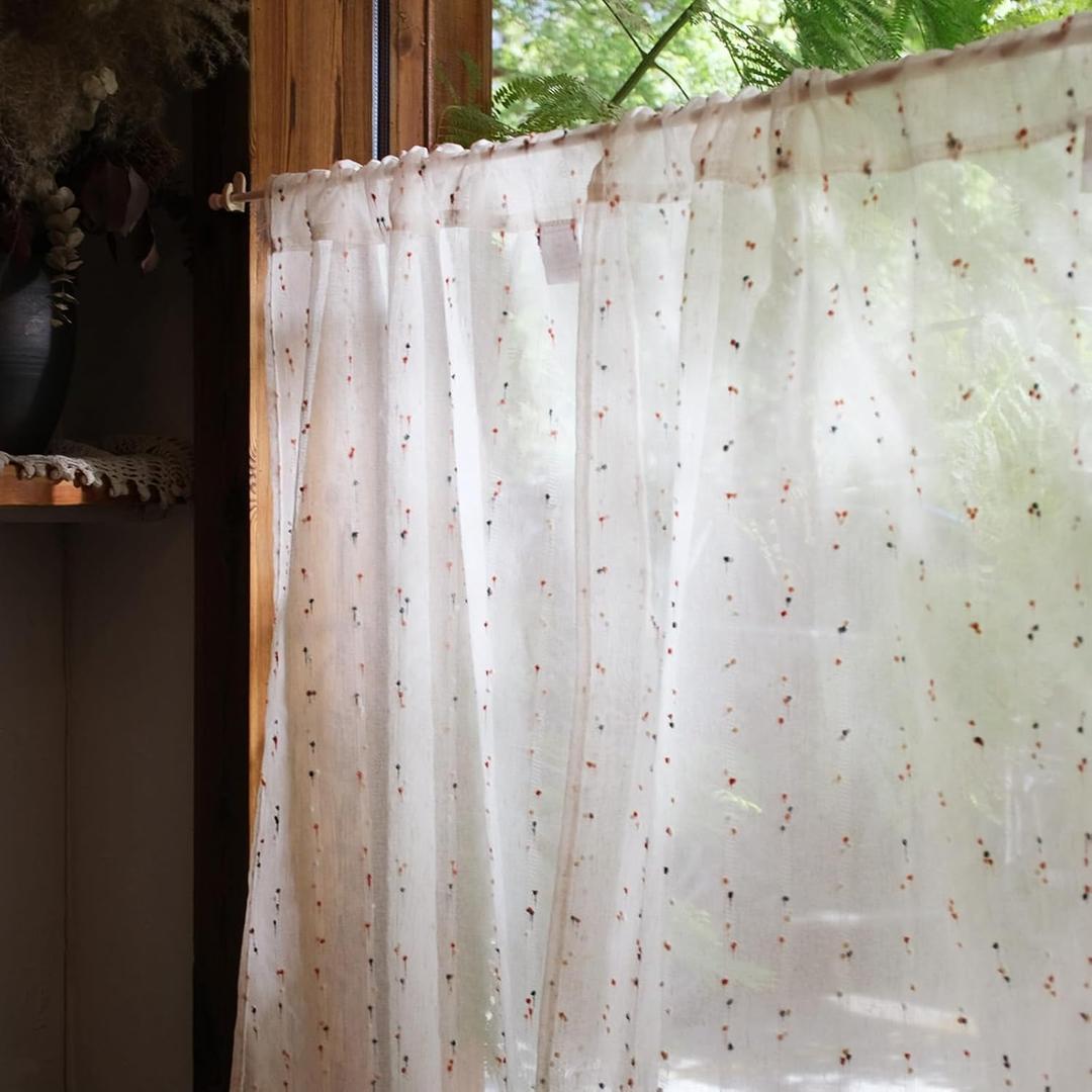 jinchan Semi Sheer Kitchen Curtains for Window 24 Inch Mini Pom-Pom Voile Tier Curtains Light Filtering Small Drapes for Bedroom Living Room Rod Pocket 2 Panels Blush Meadow, 26"W x 24"L