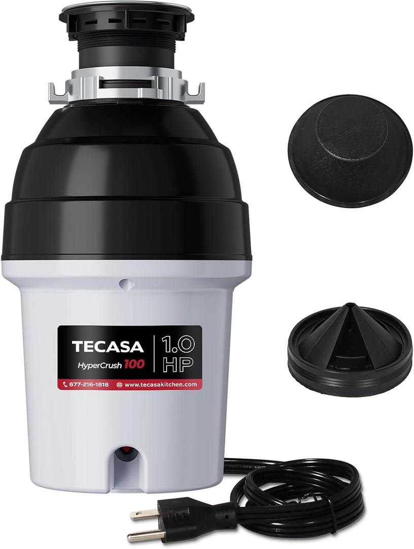 1 HP Garbage Disposal with Sound Reduction, TECASA Food Waste Disposer for Kitchen Sink, Septic Safe Garbage Disposal, Power Cord Included, Grey and Black -HyperCrush 1 HP