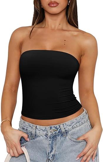 REORIA Women's Y2K Strapless Backless Tube Top Double Lined Sleeveless Crop Tank Top for Summer 2025 Going Out,  S
