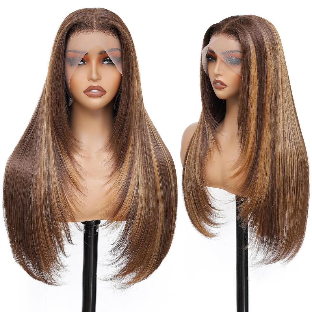 Honey Blonde 13x4 HD Lace Front Wig 26inch Layered Synthetic Lace Pre Plucked Straight Glueless Wigs for Black Women with Sunkissed Highlights