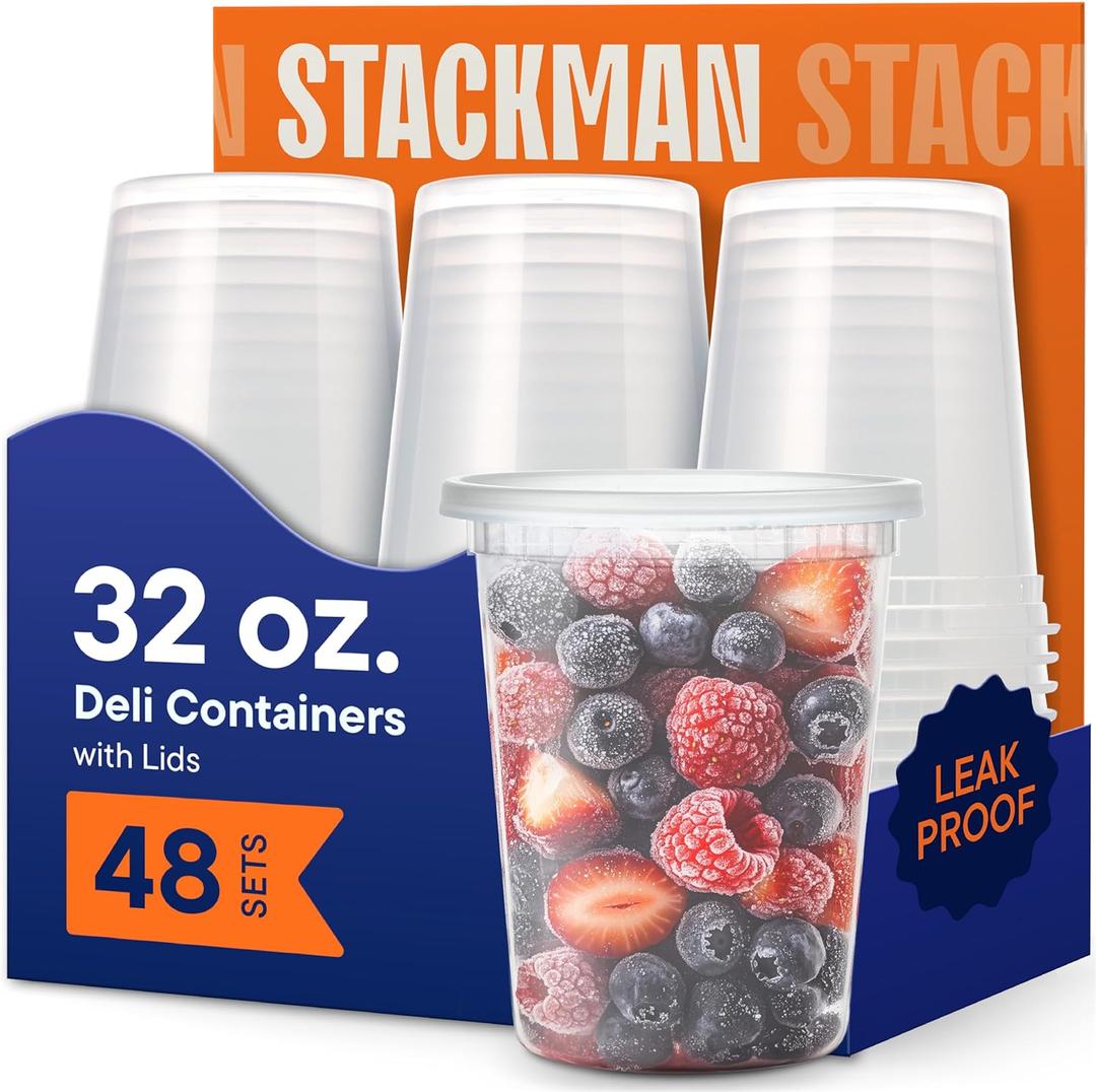 Stack Man 32 oz Deli Containers with Lids (48 Sets) Quart Clear Plastic Food Storage Containers, Airtight Leak-Resistant Seal, BPA-Free, Microwave & Freezer Safe, Meal Prep Soup Takeout To-Go
