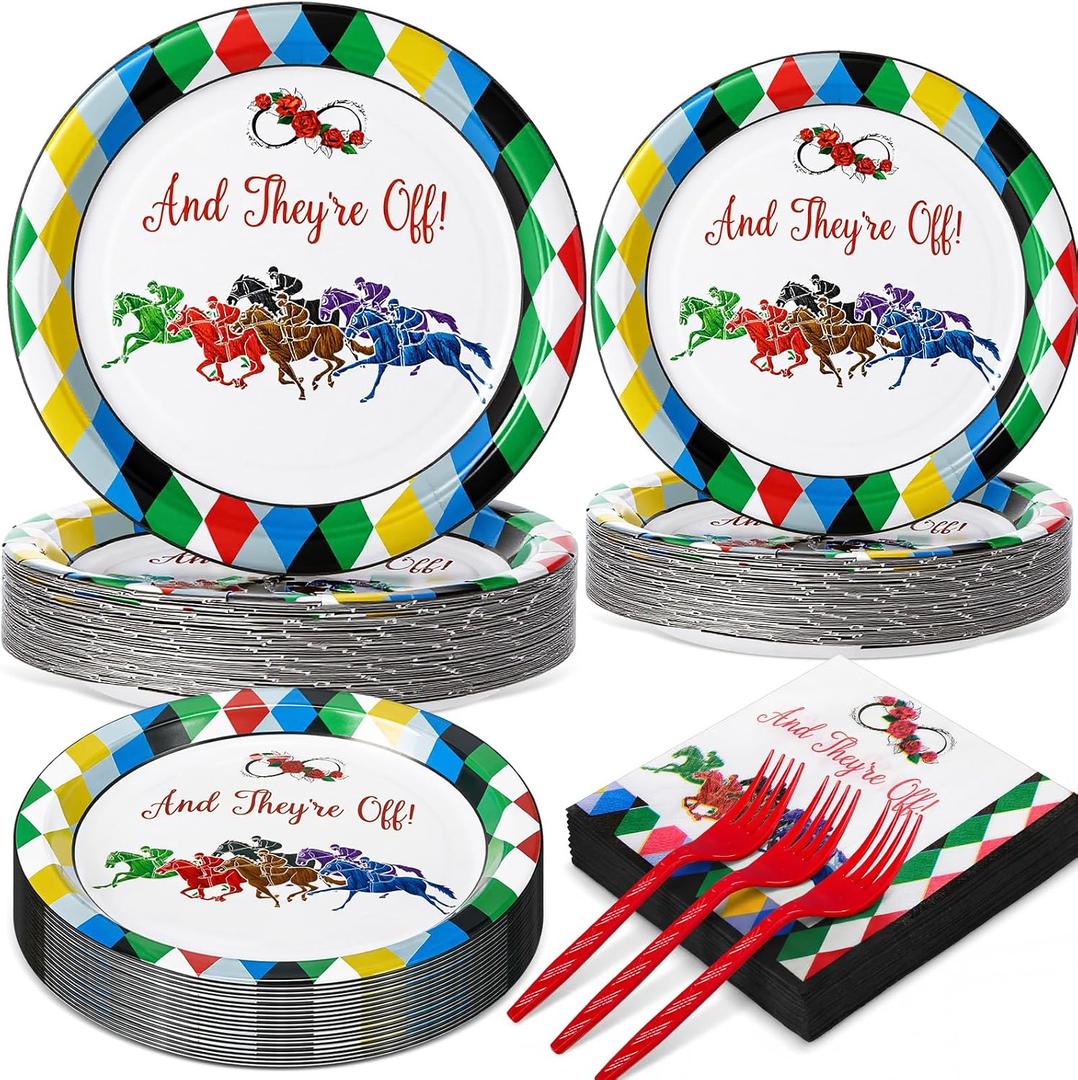200 Pcs Derby Party Supplies, Horse Racing Tableware Set with Plates Napkins and Cutlery, 2026 Run for The Roses Theme Party Decorations (Classic)