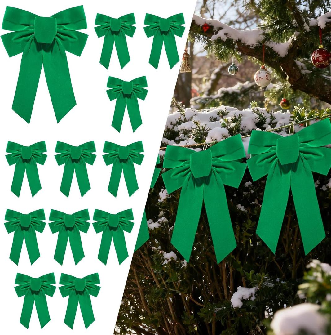 LaRibbons 12 Pack Green Velvet Christmas Bows, 13" x 9" Large Decorative Bows for Wreath, Tree, Garland & Holiday Decor, Indoor Outdoor Christmas Decorations