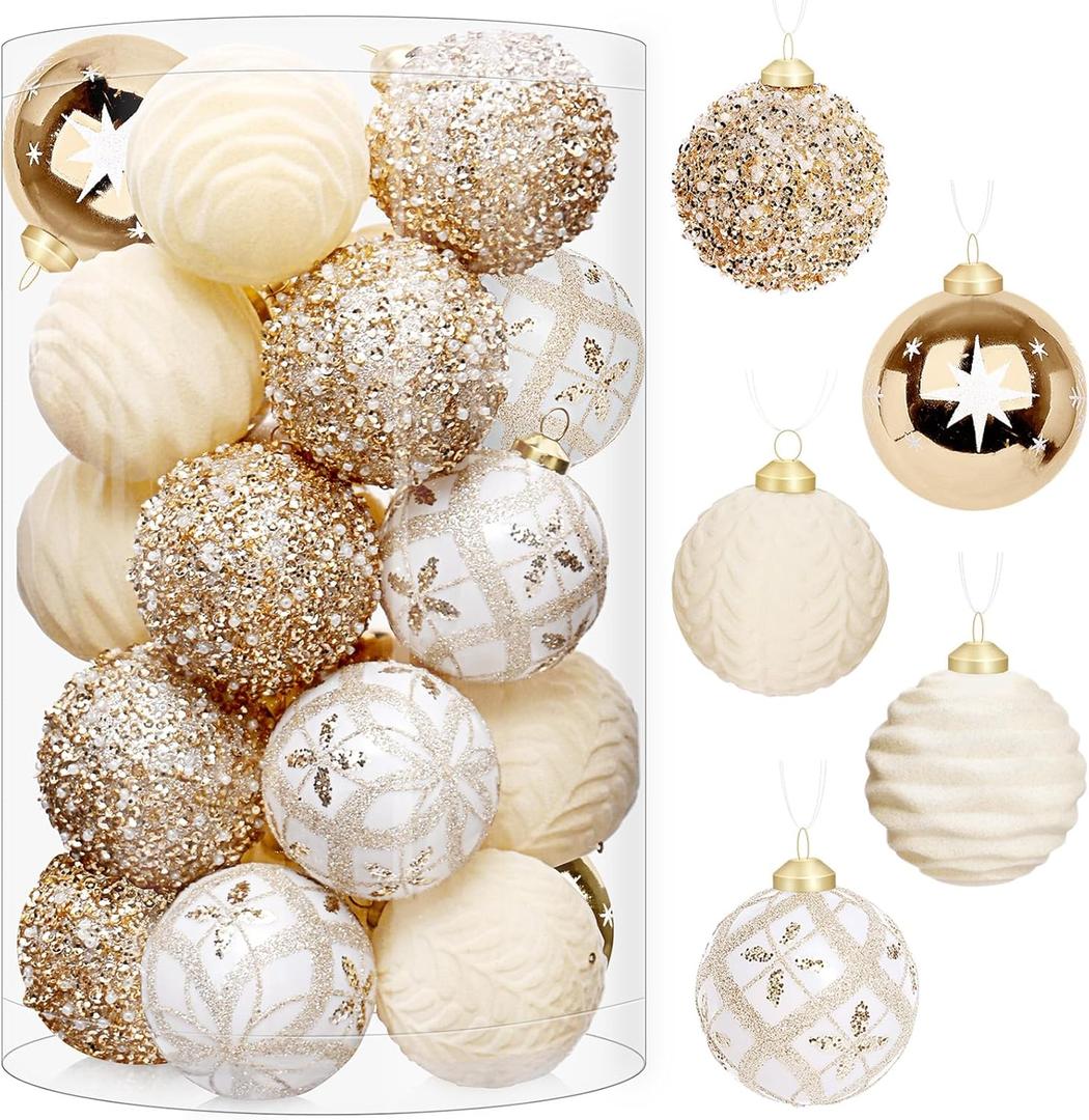 FestiveBliss 25 Pcs Christmas Ball Ornaments for Xmas Christmas Tree, Shatterproof Hanging Ball for Party Outdoor Decorations, DIY Craft Creations and Office Celebrations (Champagne White, 2.36")
