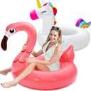 SLOOSH Unicorn Flamingo Pool Floats - 2-Pack Inflatable Pool Toys Floaties with Headrest, Pool Inflatables for Kids Beach Lake Summer Swimming Pool Party Decorations for Adults Kids