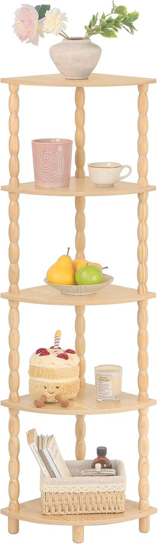 MaxSmeo Corner Shelf, 5-Tier Corner Bookshelf for Small Spaces, Stylish Corner Storage Display Shelves for Bedroom, Bathroom, Kitchen, Living Room (Natural)