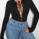 WDIRARA Women's Lace Up Deep V Neck Bodysuit Long Sleeve Criss Cross Sexy Body Suit (Black, S)