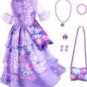 Purple Princess Costume Dress for Girls Birthday Halloween Party Dress Up with Bag Necklace Earrings Ring, Kids 130