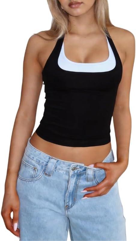 Women's Halter Neck Sexy Top Y2K Color Block Cropped Tank Workout Going Out Sleeveless Backless Summer Camisole, Black Large