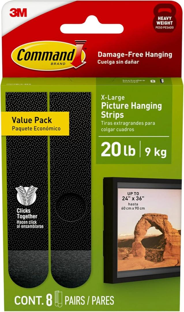 Command 20 lb XL Heavyweight Picture Hanging Strips 8 Pairs (16 Command Strips), Damage-Free Hanging Picture Hangers, Heavy Duty Great for Home Decor, Black Adhesive