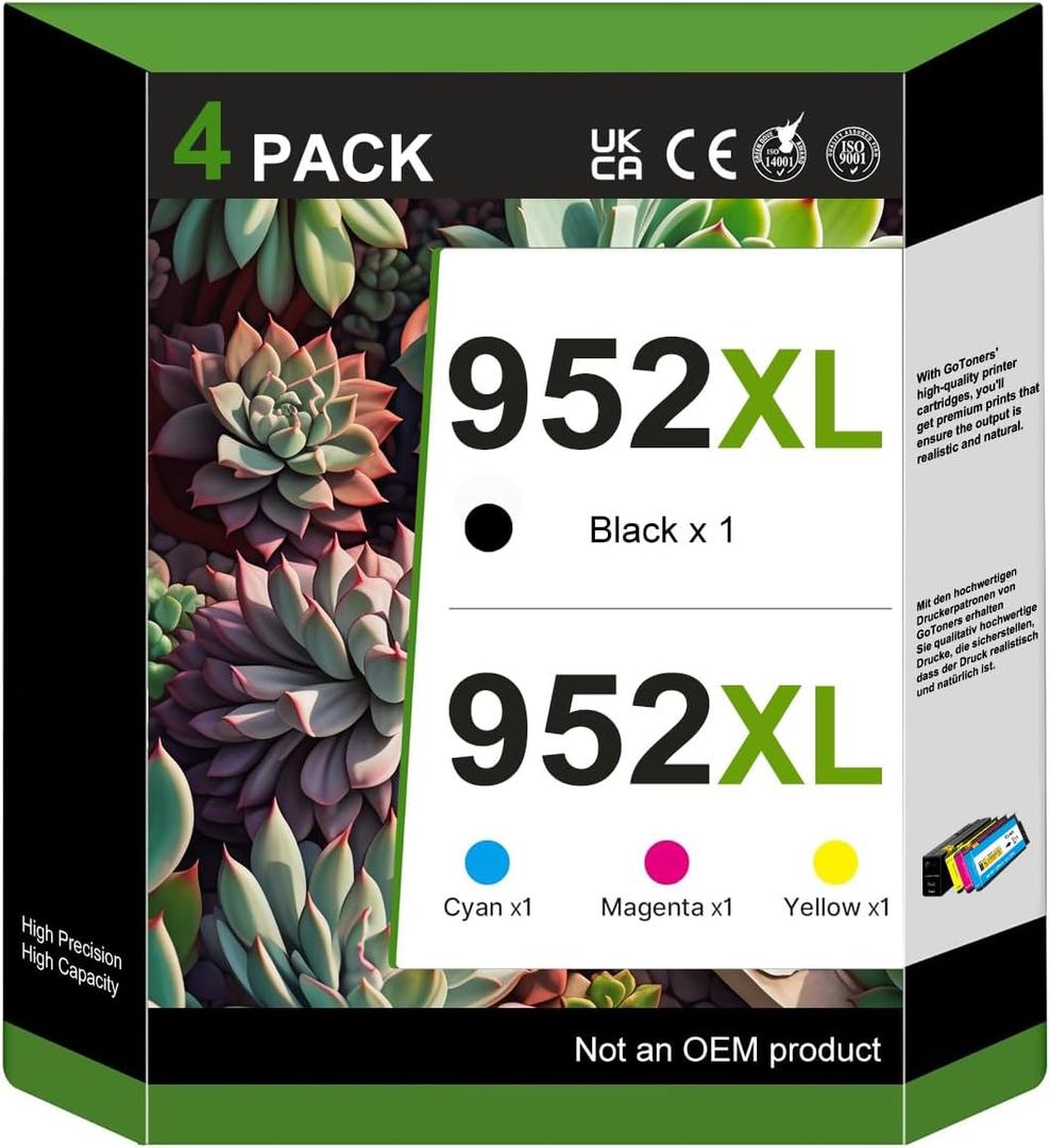GoToners 952XL Latest Upgrade Compatible Ink Cartridges Combo Pack Replacement for HP 952 XL Use for Officejet Pro 8710 8720 7740 8210 8740 8715 7720 8725 8730 (4-Pack, XL) (1 Black, 1 Cyan, 1 Magenta, 1 Yellow)
