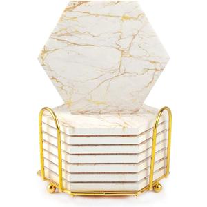 Marble Coasters for Drinks Absorbent with Cork Base, 8pcs Drink Coasters for Wooden Table with Metal Holder, Gold Ceramic Cup Coaster Set Rustic Home Decor for Living Room Bar - Housewarming Gifts