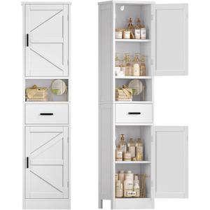 TEENFON 67" H Bathroom Storage Cabinet with Barn Doors & Adjustable Shelves, Bathroom Cabinet with Drawer, Narrow Bathroom Storage Unit, Floor Cabinets for Living Room, Kitchen, White, 11.8"D x 15.8"W x 67"H