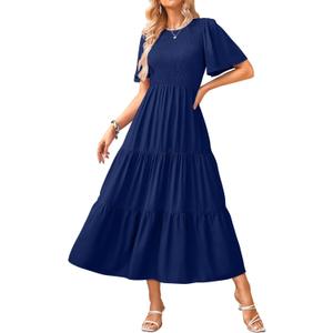 KIRUNDO Womens Fashion 2025 Spring Summer Casual Flutter Short Sleeve Midi Dress Smocked Tiered Aline Going Out Dresses (XX-Large, Navy)