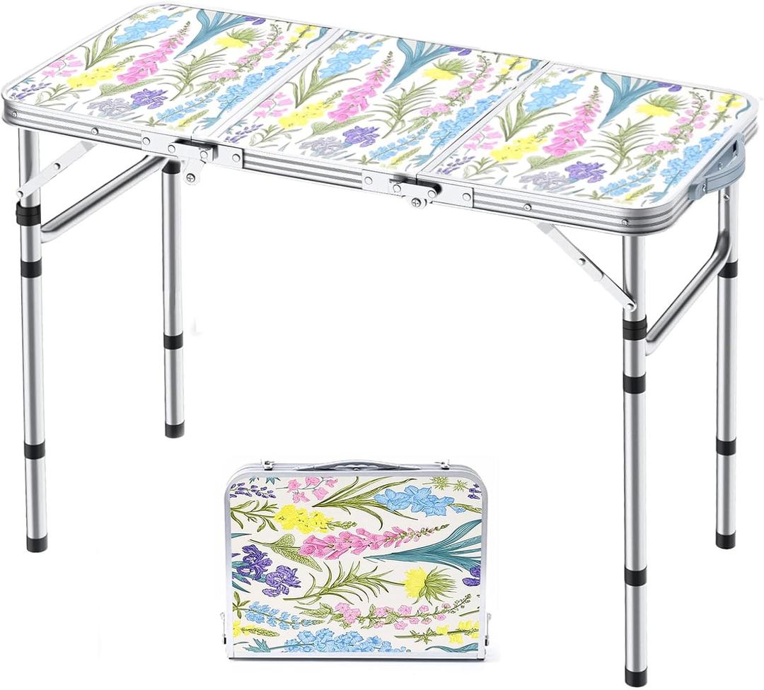 Folding Camping Table 3ft Portable Pinic Table Adjustable Height Small Card Table Aluminum Foldable Lightweight with Carry Handle for Outdoor Indoor Hiking Camp BBQ Beach (Blooming Floral)
