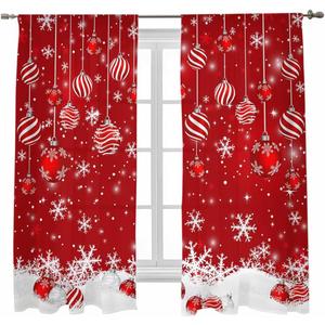 Christmas Sheer Curtain 63 Inch Length 2 Panels Light Filtering Snowflake Window Curtain Red Sheer Voile Curtains Xmas Ball Glitter Sparkle Snow Rod Pocket Window Treatment for Living Room