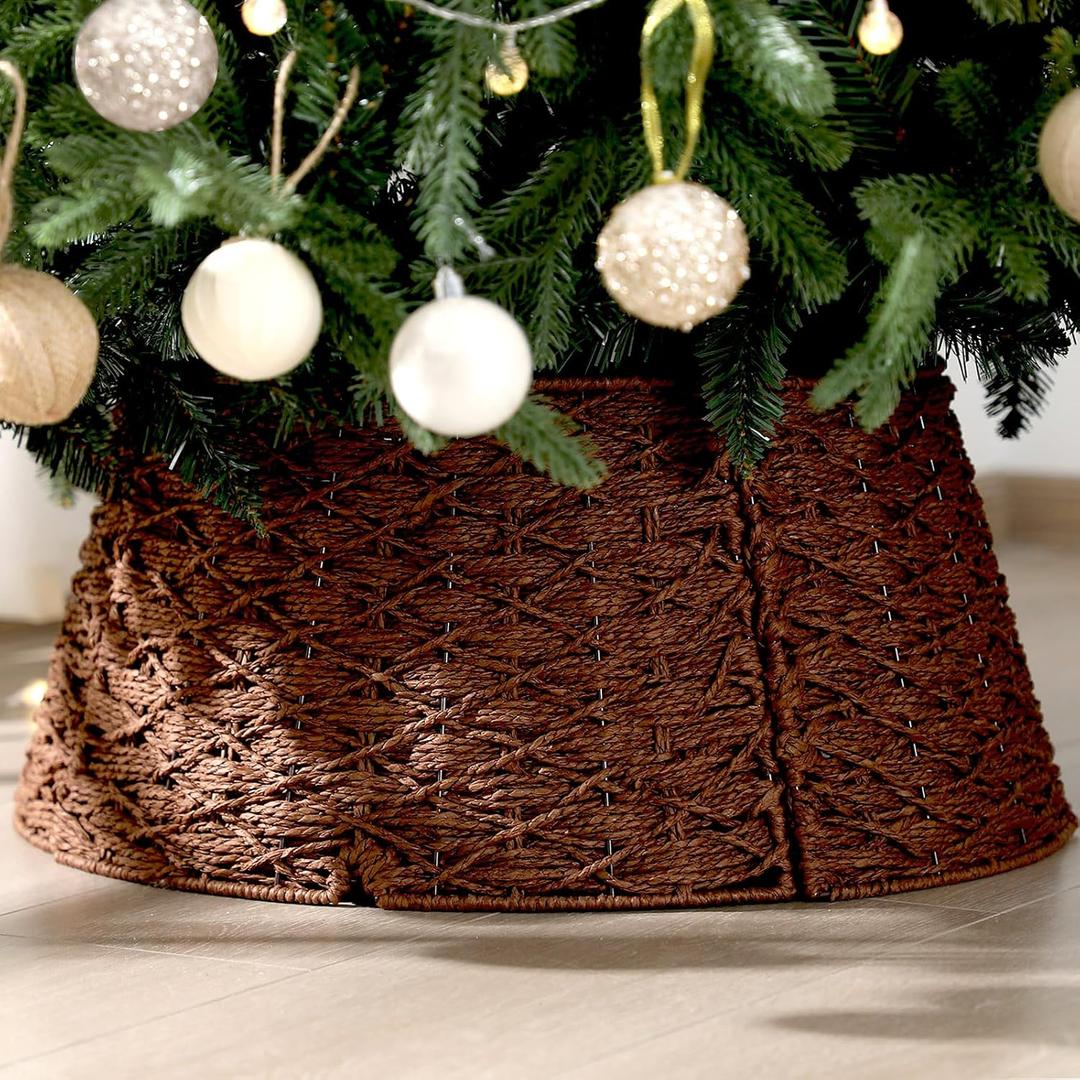 Poen Woven Rattan Christmas Tree Collar, Neutral Wicker Tree Skirt, Rustic Farmhouse Christmas Stand Base Cover Decor Handmade X-Shape Weave Design(Dark Brown,24 Inch)