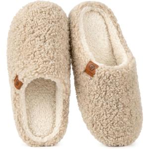 EverFoams Women's Fuzzy Slip-on Slippers Soft Comfy Memory Foam Indoor House Shoes (5-6, Khaki)