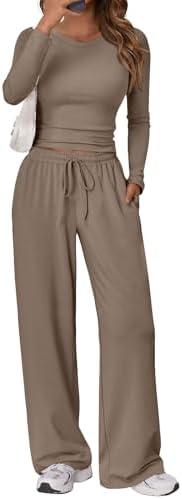 Trendy Queen Women's 2 Piece Matching Lounge Set Long Sleeve Side Ruching Top Wide Leg Drawstring Pants Set with Pockets, S