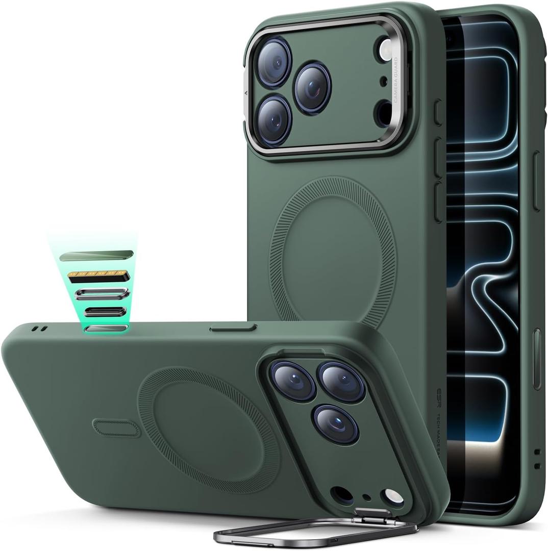 ESR Silicone Case for iPhone 17 Pro Max, Built-in Camera Stash Stand Compatible with MagSafe, Military-Grade Drop Protection Magnetic Phone Case for iPhone 17 Pro Max, Cloud Series, Olive Green